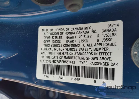 2014 Honda Civic Lx from USA, damaged, VIN 2HGFB2F56EH551413